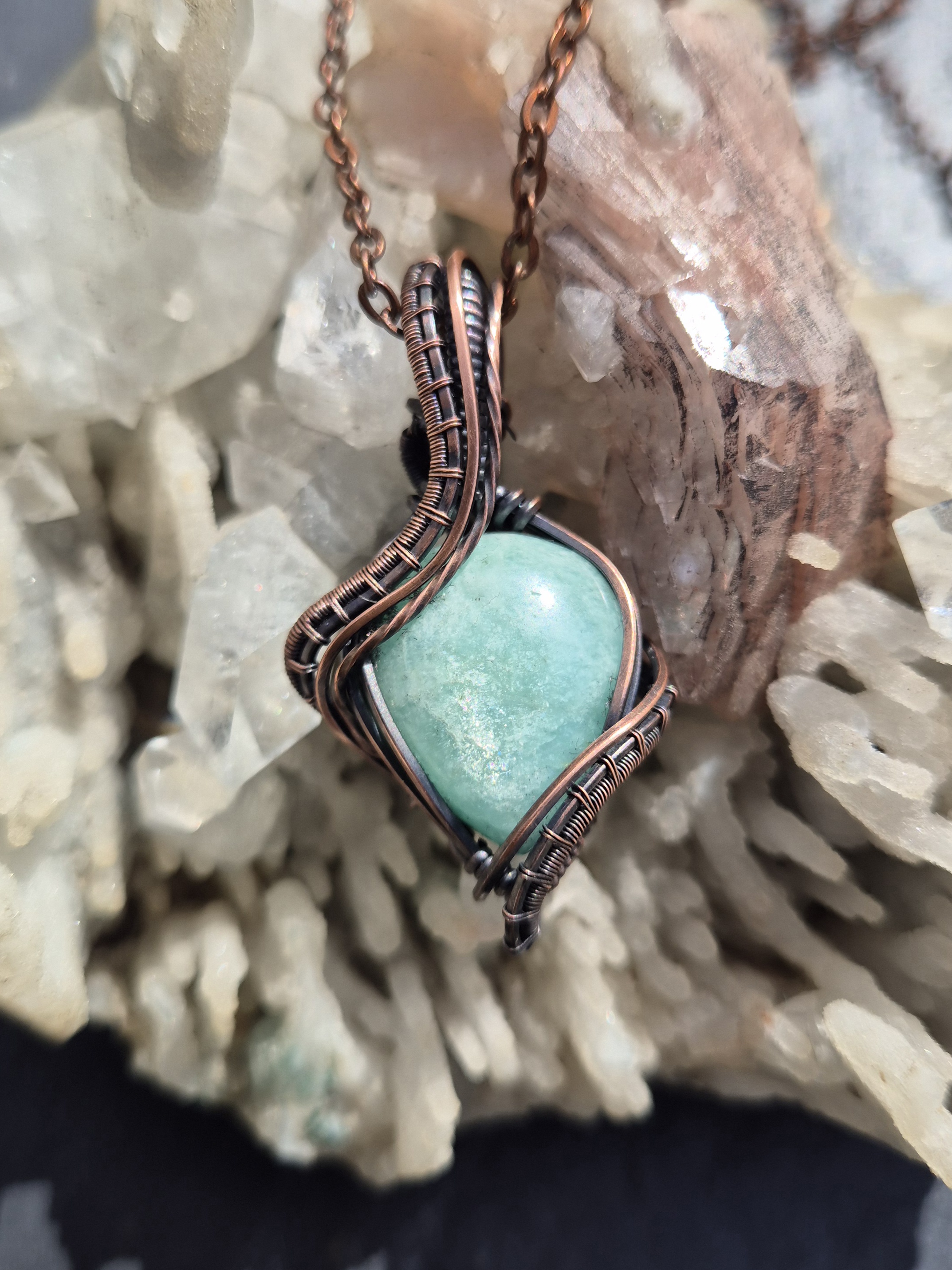 Amazonite Pendant photographed with mineral crystals